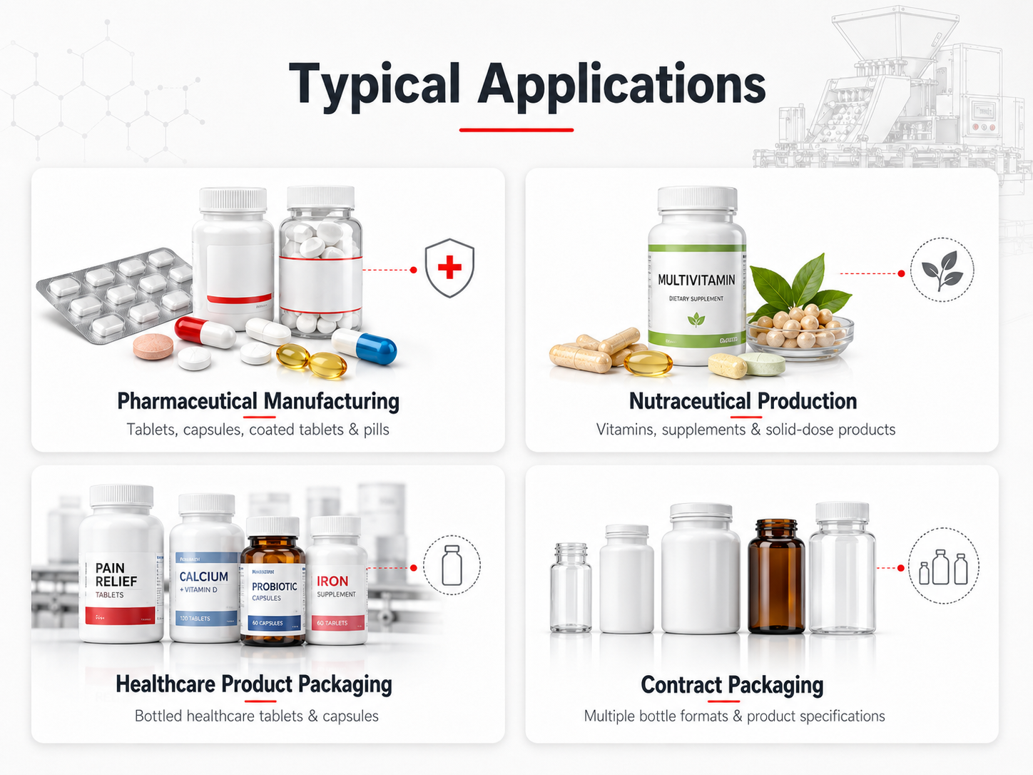 Applications typiques de la compteuse automatique de comprim&eacute;s et de g&eacute;lules dans les emballages pharmaceutiques et nutraceutiques